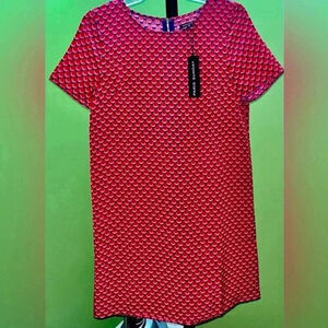 🆕 Paris Sunday Women's Blue Dress With A Red & Pink Scalloped Pattern-Sz Small
